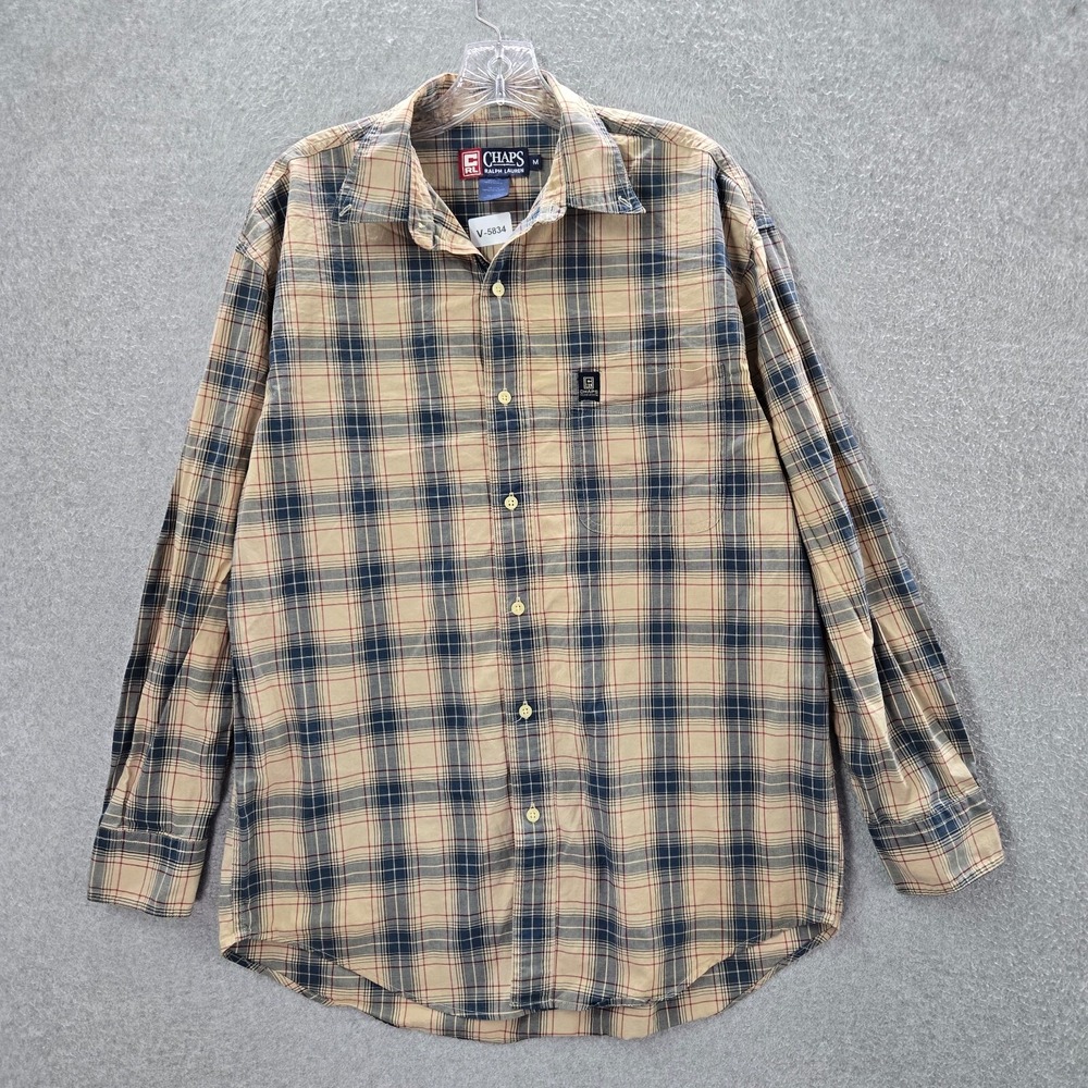 Chaps Ralph Lauren Men Button Up‎ Shirt Medium Beige Plaid Pocket Long Sleeve
